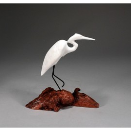 Egret Sculpture from John Perry on Burl Wood Pellucida 8in Tall Statue Figurine