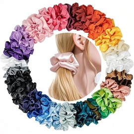 JSBelle Set de 40 Scrunchies de satén, Gomas para el pelo brillantes, cintas para el pelo elásticas, cintas para la cabeza con cola de caballo para mujeres niñas (40 colores)