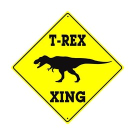 Afterprints T-Rex Dinosaur Xing Crossing Caution Danger Funny Novelty Road Wall Décor Diamond Metal Aluminum 12"x12" Sign