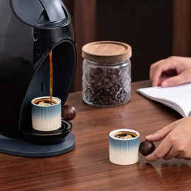 CLASGLAZ Ceramic Mini Espresso Cups Demitasse Cups with Round Wooden Handle Vertical Stripes Tea Cups (Beige&Blue, 4pcs)