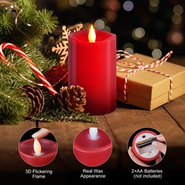 milysoek 1PCS, 3 x 5 inches Flameless Candle with Remote Control, 3D Flickering Wick, Real Wax Pillar LED Candles, Battery Candles,with Timer,for Holiday Home Decor, Red