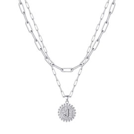 Silver Layered Necklaces for Women, Silver Paperclip Chain Necklaces Initial Coin Pendant Necklaces Layered Letter A-Z Initial Necklaces for Women Girls Jewelry Gifts, Brass, Cubic Zirconia