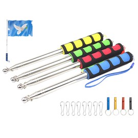 Kellegour 4 pcs Stainless Steel Flagpole, Portable, Telescopic Flag Pole, Extendable 2 m, Handheld Flag Pole Set, with 8 Clip Hooks and 4 Whistles, for Camping, Excursions, Competitions, Travel Guide,