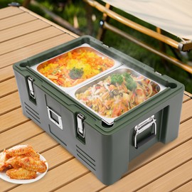 Treliamd Insulated Food Pan Carrier, 30L/31Qt Capacity, Stackable Catering Hot Box w/ 2 Stainless Steel Pans, Top Load Food Warmer w/Elastic Side Handles and Buckles, for Restaurant Canteen, Green