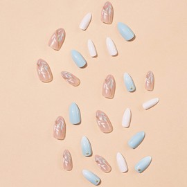 Press on Nails Almond Medium Short Fake Nails with Sky Blue Leaves Designs French Tip Acrylic Nails, 12 Sizes 24 Pcs, Glossy Nude Stick Full Cover Fake False Nail with Nail Glue for Women XY-08-02