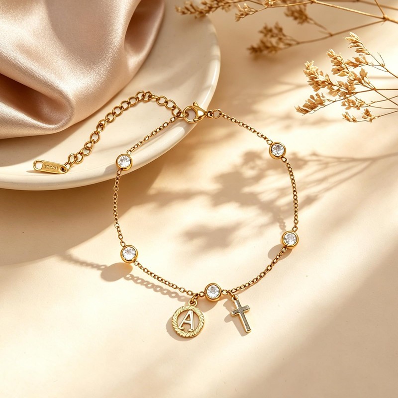 JATEBI 14K Gold Plated Bracelets for Women, Initial Cross Bracelet