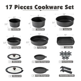 SENSARTE 17 Piece Pots and Pans Set, Nonstick Detachable Handle Cookware Set, Induction Kitchen Cookware Set with Removable Handle, Healthy Non Stick for RV, Dishwasher ＆ Oven Safe, PFOA Free (Black)