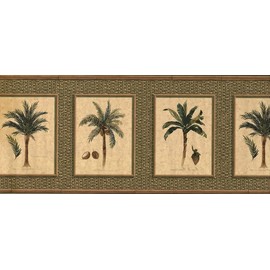 Concord Wallcoverings Wallpaper Border Nature Pattern Palms in Bamboo Frames for Living Room Cottage, Green Brown Pastel Yellow, 10.5 Inches by 15 Feet TK6246