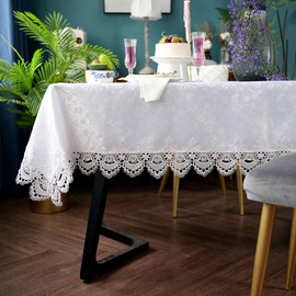 ARTABLE LaceTablecloths with Exquisite Macrame Border Embroidered Kitchen Holidays Fabric Tablecloth(White-1, 55 x 94 Inch)