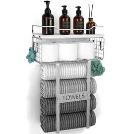 Towel Racks for Bathroom Wall Mounted - Bath Wall Towel Holder Set Above Toilet Storage, Rolled Towel Shelf Organizer for Small Bathroom, Wood Vertical Towel Rack for Bathroom Wall Decor Silver