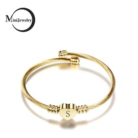 MiniJewelry Initial S Gold Heart Bangle Cuff Bracelet for Women Alphabet Letter Name Stainless Steel