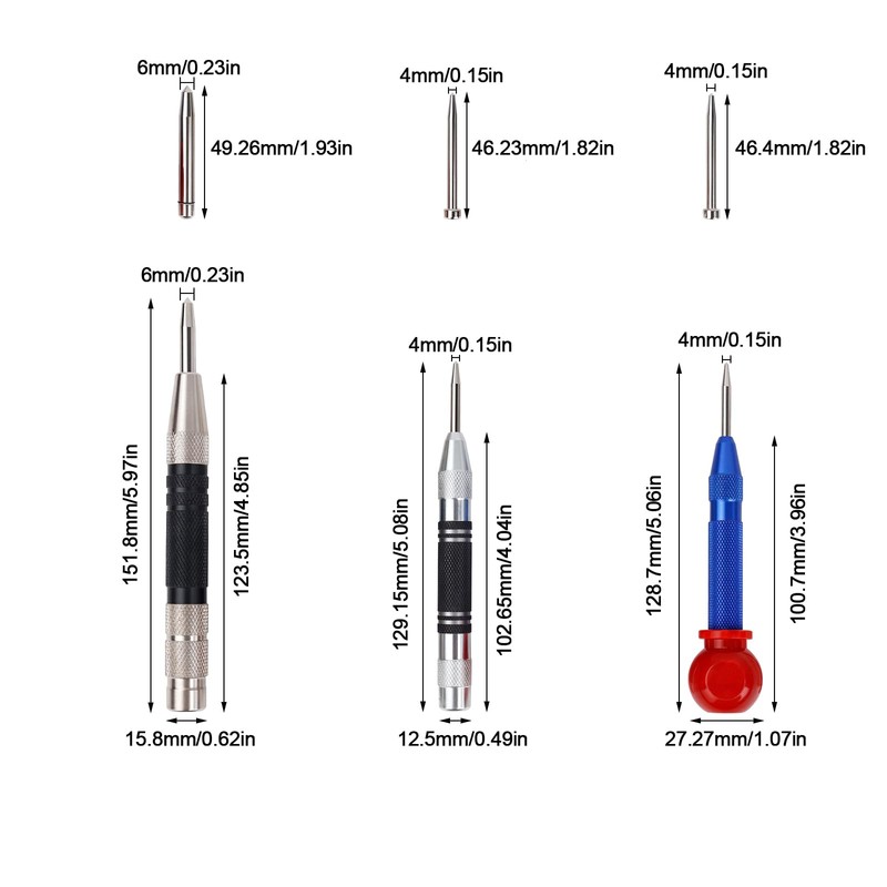 Tekrill 6Pcs Automatic Center Punch, Adjustable Impact Spring Loaded Center
