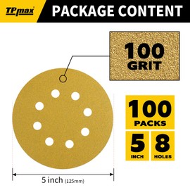 Pack of 100 125 mm 8 Hole Sanding Discs 100 Grit - Premium Gold Round Velcro Sandpaper for Random Orbital Sanders - Ideal for Wood, Metal, Automotive