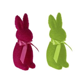 Macosa WV5457 Easter Bunny Set of 2 Flocked Magenta Green 15 cm Plastic Decorative Rabbit Sculpture Easter Decoration Figure Decorative Bunny Decoration Table Decoration