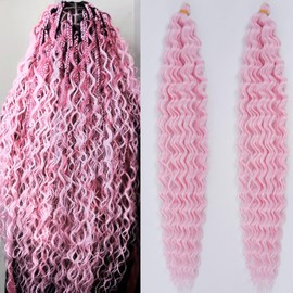 Deep Water Wave Crochet Hair Light Pink Curly Wavy Braiding Hair Pre Stretched Synthetic Pink Boho Hair for Braiding 24 Inch 2 Packs Bohemian Ocean Wave Braiding Hair for Boho Crochet Braids