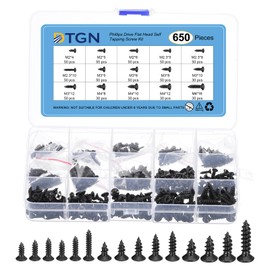 DTGN 650Pcs Wood Screws Assortment Kit - 15 Sizes Carbon Steel M2/M2.3/M3/M4 Phillips Flat Head Self Tapping Screws - for Woodworking, Furniture - Black