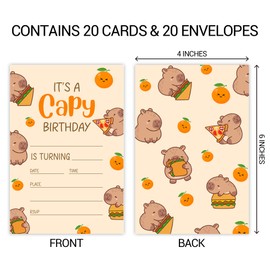 ZYQFN 20 Capybara Birthday Party Invitations, Cute Capybara Theme Invite Cards with Envelopes, 4x6 Inch Fun Birthday Invites for Girls and Boys. (080)