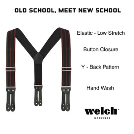 Welch, WK-3846Y-LEF-BRP, Tuff Stuff Work Suspenders for Men and Women - Button on Pants, Heavy Duty, 2" wide Elastic, Adjustable Strap, Y-Back Design, for Jeans, Pants, and Trousers, Size Medium