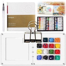 Benaewa Pocket Artist Watercolour Travel Set, Portable Palette with 15 Grids, 24 Watercolor with Water Pen, Mini Sketchbook, Clip