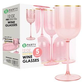PARTY BARGAINS 5 Wine Goblets - Pink Gold Rim - Disposable Shatterproof Elegant Design Plastic Wine Glasses with Stem