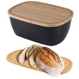 ECWAY Bread Box for Kitchen Countertop - Bamboo Fiber Bread Bin with Reversible Cutting Board Lid, Juice Groove - Ventilated, Multi-Functional Storage Keeper for Freshness (14.2x7.8x5.5In, Black)