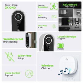 GEARit Video Doorbell Camera with Chime - 2K QHD Video - 6 Months Rechargeable Battery - IP64 Weather-Proof, Motion Detection, 2 Way Audio Wireless for Home - Easy to Setup