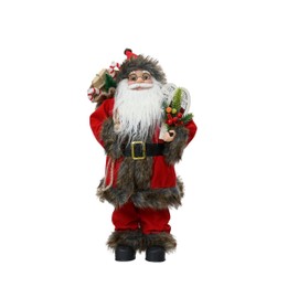 Kaemingk Traditional standing santa - father christmas figure - 30cm christmas figurine - plain red fur trim coat holding sack and canadian snowshoes - indoor standing santa decoration.