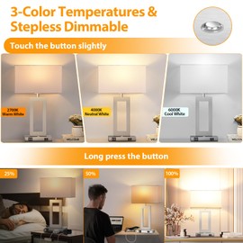 3 Color Temperatures Touch Control Table Lamps Set of 2, Stepless Dimmable Bedside Lamps with 2 USB Ports&AC Outlet, Modern Nightstand Lamps for Bedroom Living Room, Bulbs Included, Silver&White