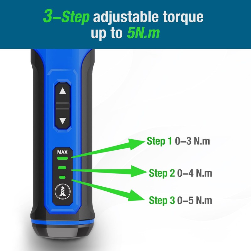 PowerTough 4v Mini Electric Cordless Screwdriver with 3-Gear Torque, 5Nm