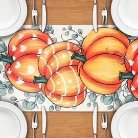 Aitsite Autumn Table Runner, Yellow Pumpkin Autumn Decoration, Eucalyptus Leaves, Kitchen Table Decoration, Outdoor Holiday Party Decor, 40 x 180 cm