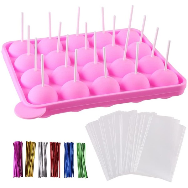 CCINEE 20 Cavity Silicone Cake Pop Mold with 30 pcs of Clear Cellophane Treat Bags 20 pcs Lollipop Sticks and 30 pcs Twist Ties in 6 Colors for Cake Pop Making and Packing