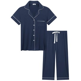 Joyaria Capri Pajamas Set Women Summer Breathable Cooling Pjs Bamboo Viscose Button Down Sleewpear(Navy Blue, XL)