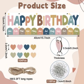 Boho Colorful Birthday Reminder Calendar Wall Hanging Decor(16x5in) DIY Birthday Tracker Calendar Board with 110pcs Wood Tag Birthday Sign Reminder Plaque for Office Classroom Bulletin Board Family