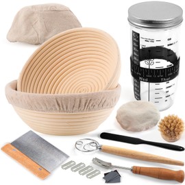 Joyyy Sourdough Starter Kit, Round 8.5inch Bread Proofing Baskets Set Includes 24oz Sourdough Glass Jar, Bread Lame, Whisk, Dough Scraper, Sourdough Bread Baking Supplies (Black)