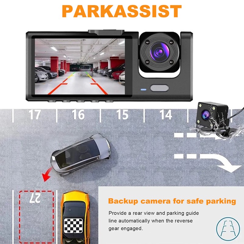 Dash Cam Front and Rear Inside 3 Cameras 1080P+720P+480p Car