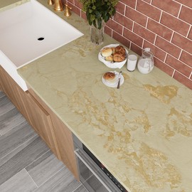 VEELIKE Wide Cream Gold Marble Countertop Contact Paper Waterproof Kitchen Countertop Peel and Stick Beige Marble Wallpaper 32''x354'' Self Adhesive Vinyl Counter Top Covers for Bathroom Table Desk