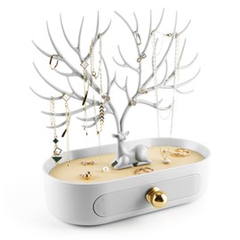 MORE&LESS Antlers Jewelry Display Stand with Aluminium alloy handle, Tree Tower Rack Hanging Organizer for Ring Earrings Necklace Bracelet, Deer Horn Tree Stand with Storage Drawer and Tray