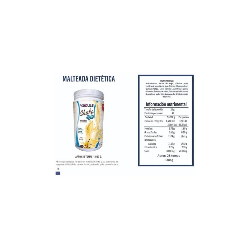 Malteada Shake Light Vsouls quinua Sabor Vainilla 1 Kg