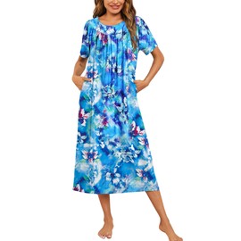 Ekouaer Women's House Dress with Pockets Long Nightgowns for Women House Dress Pleated Moo Moos for Women,Blue Tie-Dye,M