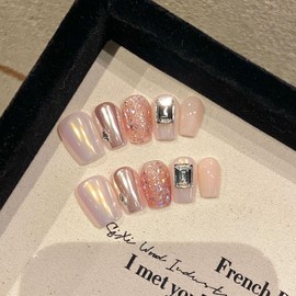 NLSJMP 3D handmade Gel nails press on false nails short square soft pink big rhinestone bling cute acrylic Reusable fake nails designed kit,10 Nails Size S #2093