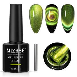 MIZHSE 9D Cat Eye Gel Nail Polish, Bright Green Magnetic Gel Polish with Magnet Stick, Magic Shimmer Galaxy Effect Holographic Glitter Silky Cat Eye Nail Polish Soak Off Nail Art Manicure at Home