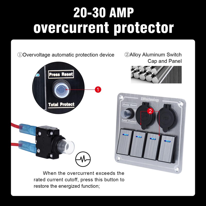 Xhtechnology Marine Boat Rocker Switch Panel,Waterproof 4 Gang Multi-Function Toggle