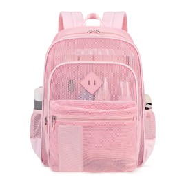 MOONBABY Mesh Backpack for Girls Mesh Bookbag Heavy Duty See Through Semi-Transparent School Bag for Swimming, Beach, Sports, Work, Travel (Pink)