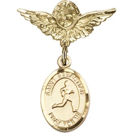 Gold Filled Baby Badge with St. Sebastian/Track & Field Charm and Angel w/Wings Badge Pin 1 X 3/4 inches
