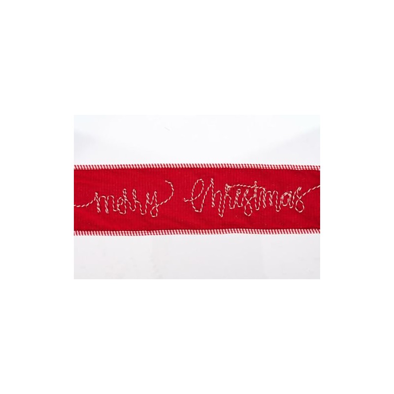 Vickerman 4" Red Embroidered Rope Merry Christmas On Canvas Ribbon.
