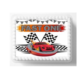 Fast One icing Sheet 8x10in Racing Cars Topper, checker flag topper - Size: 8x10in