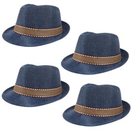 Ultrafun 4 Pack Kids Fedora Hat Short Brim Straw Trilby Jazz Hat Summer Sun Beach Cap for Boys Girls 5-10 Years (Navy)