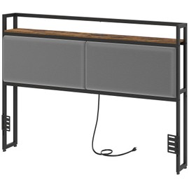 YATINEY King Size Headboard Only, Upholstered King Headboard with Charging Station, Head Board with Open Storage, Height Adjustable, Vintage Style, Sturdy and Stable, Rustic Brown, Gray and Black