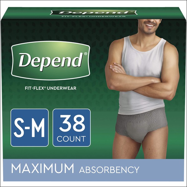Depend FIT-FLEX Incontinence Underwear for Men, Maximum Absorbency, Disposable, Small/Medium, Grey, 38 Count (2 Packs of 19)