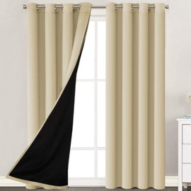 H.VERSAILTEX 100% Blackout Curtains 96 Inches Long (2 Layers) Full Light Blocking Window Curtain Draperies for Bedroom Thermal Insulated Soft Thick Silky Grommet 2 Panels, Wheat with Black Liner